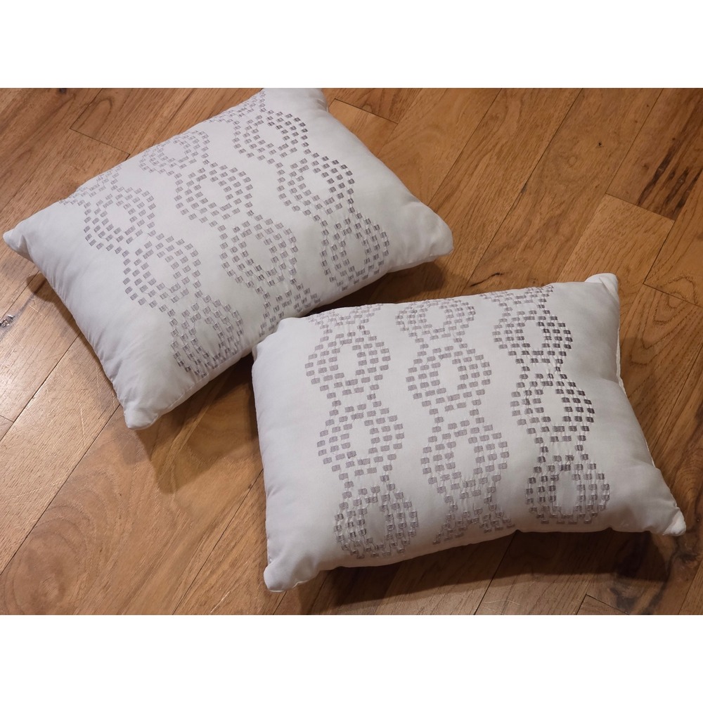 Set‎ of 2 White Lumbar Throw Pillows Silver Geometric Embroidered 14x11 Accent